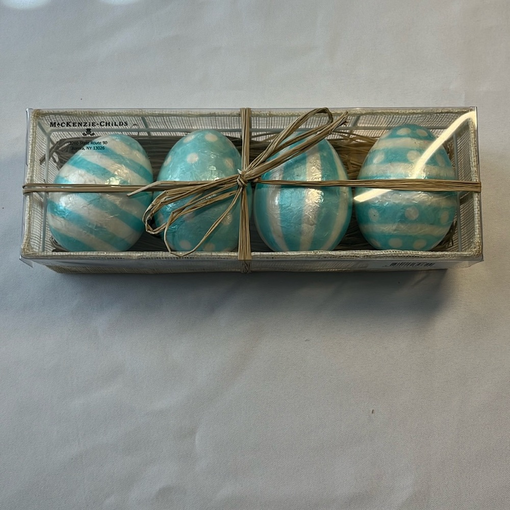 NWT Mackenzie-Childs Sweet Shop Aqua Capiz Eggs Set of 4